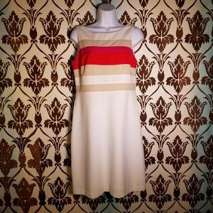 WHBM Sheath-Sleeveless-White-Red-Tan Stripe-Lined-Mini-Zip Women's 6 DRESS EUC!